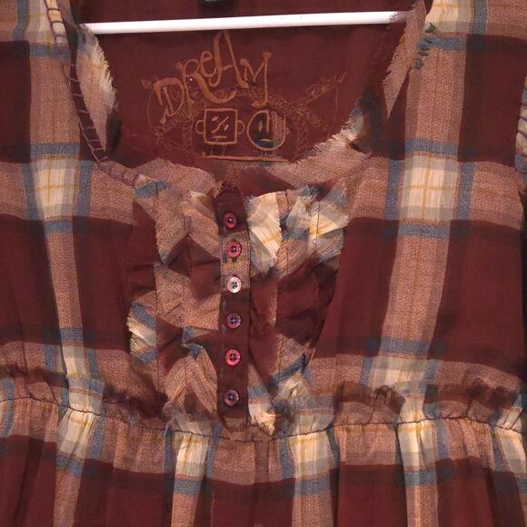 Desigual Empire-Waist Burgundy Plaid Embroidered Fringe Peasant Top Tunic -Sz L - Picture 6 of 15